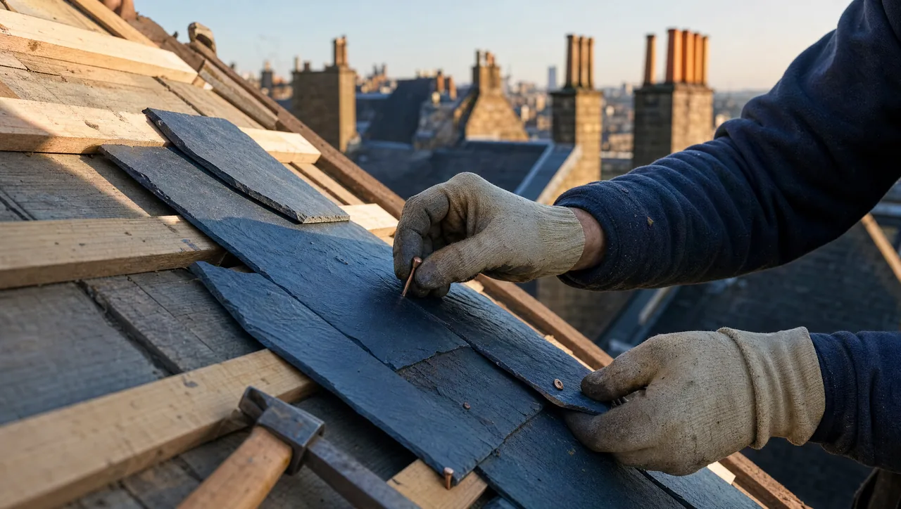 A Ronald G Graham craftsman hand-laying natural slate with copper nails